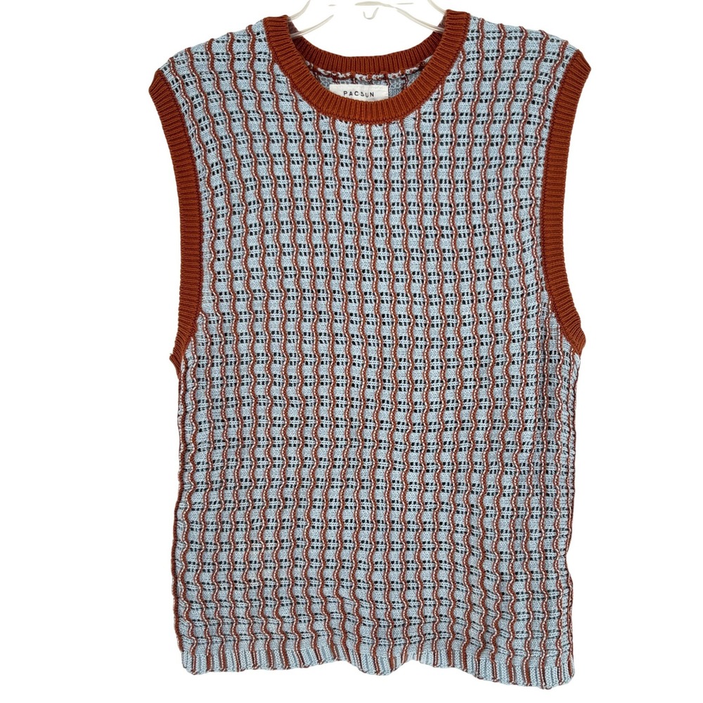 PacSun Mens Sweater Vest Y2K Open Knit Wave Pattern Blue Brown Cotton Size M